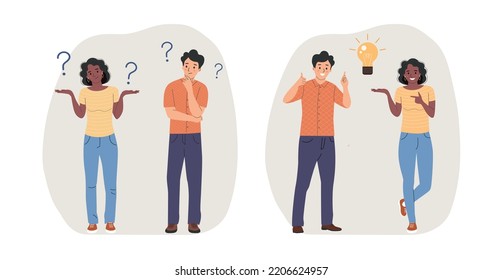 Young woman and man surrounded by a question mark and finding new idea. Shiny light bulb. Flat style cartoon vector illustration. People stand full body. 