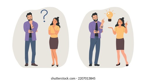 Young woman and man surrounded by a question mark and finding new idea. Shiny light bulb. Flat style cartoon vector illustration. People stand full body. 