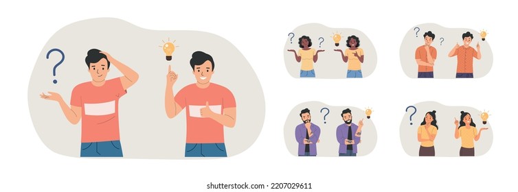 Young woman and man surrounded by a question mark and finding new idea. Shiny light bulb. Flat style cartoon vector illustration. Big set.