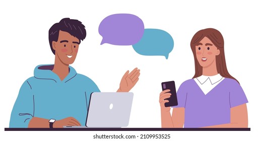 Young woman and man talking and chatting online 