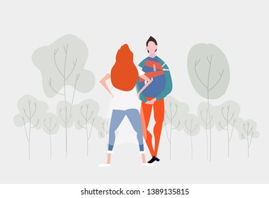 Young woman and man talking in park. Relationship, dominating concept