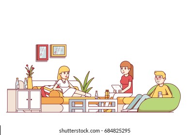 Young woman, man talking relaxing in home living room or office waiting lounge. Friends sitting drinking at dormitory hall with sofa, arm chair, coffee table. Flat style thin line vector illustration.