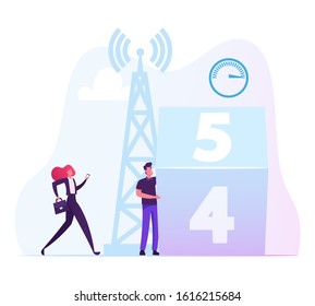 Young Woman and Man Using Cellular for Smartphones Stand near Transmission Tower. Online Communication, 4G and 5G Internet Connection, Social Media Networking Service. Cartoon Flat Vector Illustration