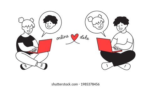 Young woman and man video chatting through laptops. Online dating, internet call concept. Minimalist outline illustration for web banner, advert, social media, or postcard. Distance relationship.