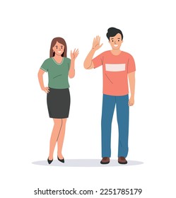 Young woman and man waives hands in hello gesture. People stand full body. Flat style cartoon vector illustration. 