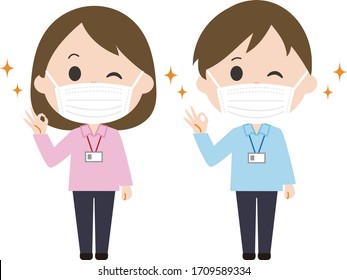 Young woman and man wearing face medical mask.Vector illustration.