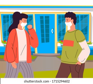 Young Woman And Man Wearing Face Medical Masks Talking Outdoors Breaking The Rules Of Quarantine. Woman Coughing, Carrier Of Virus. Concept Of Two Young People Protecting Themselves With Mask