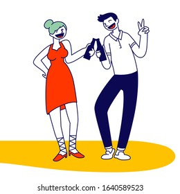 Young Woman and Man Wearing Fashionable Clothes Clinking Bottles with Alcohol Drink Having Fun at Disco Party in Night Club. Nightlife Relaxation, Friends Meeting. Cartoon Flat Vector Illustration