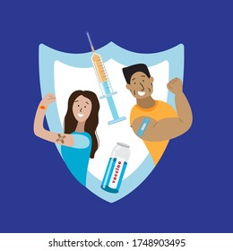 Young woman and man were vaccinated. Vaccination related item set. Vaccine, syringe, patch. Vaccination concept. Stock vector illustration, flat style.