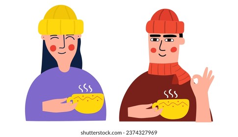 Young woman and young man in winter hats drink coffee. Cozy time. Winter season. Cold autumn. Vector design illustration on white background.