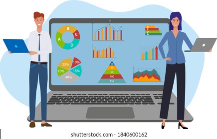 A young woman and a man work on their laptops.Office work, online freelance work, and business Analytics.Flat vector illustration.