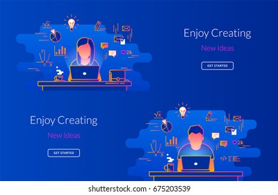 Young woman and man working with laptop at work desk. Gradient line vector illustration of student working process sitting at home. Educational background of young people learning and studying indoor