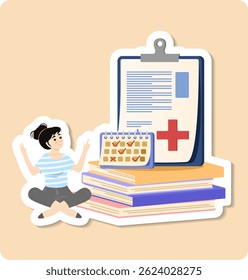 Young woman managing her health, scheduling medical checkups and reading medical books