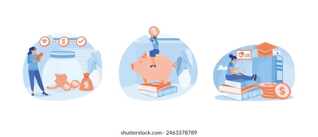 Young woman managing personal finances. Invest money in education. Learning about financial literacy for education. Financial education concept. Set flat vector illustration.