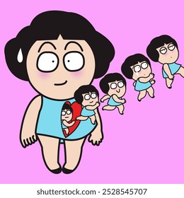 Young woman with many emotion Actions Concept cartoon character illustration