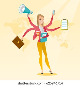 Jovem mulher com muitas pernas e mãos lidando com multitarefa. Mulher de negócios fazendo várias tarefas. Empresário multitarefa. Conceito de multitarefa. Ilustração de design plano vetorial. Layout quadrado.