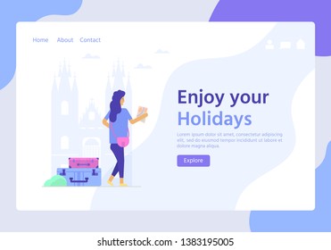 Young woman with map, bag and baggage. Travel and tourism concept for website template, online booking reservation, landing page, banner, flight tickets service. Vector illustration