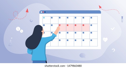 A young woman marks the date of menstruation in the online calendar. An app for tracking menstrual cycle, birth control.  makes an appointment with an online female doctor. Web site, banner template