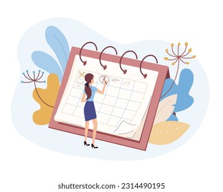 Young woman marks work tasks on calendar increasing productivity in business. Cartoon female doing tasks and managing time. Career goals achievement. Vector flat style illustration