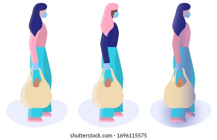 Young Woman in Mask and Gloves Carries Package with Food. Concept of  Grocery Shopping or Delivery Safety While Pandemic. Flat Vector Illustration. 