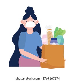young woman with mask and paper bag products, food delivery in grocery store vector illustration