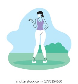 young woman with mask in the park vector illustration desing