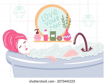 Young woman in mask sheet relaxes in the bathroom. Love yourself - lettering on the mirror and a shelf with skin care cosmetics. Vector hand drawn beauty illustration