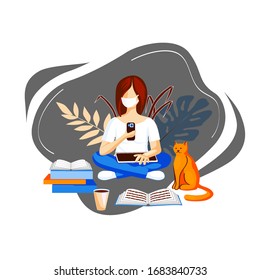 Young woman in mask sitting cross-legged with tablet and smartphone, learning and work online in quarantine, cat beside. Keep social distance. Work home via social networks and web, vector image
