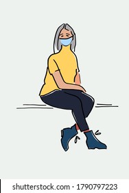Young woman in mask sitting on a bench hand drawn vector illustration. Respiratory hygiene during coronavirus pandemic concept. Covid-19 awareness concept