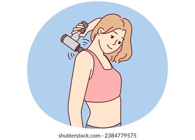 Young woman massage back with electric massager. Smiling girl relieve backache with electronic massaging device. Vector illustration.