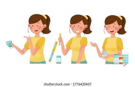Young Woman Measuring Her Blood Pressure for Diabetes Treatment Vector Illustration