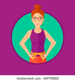 Young woman measuring her waistline with a tape. Woman measuring with tape the abdomen. Woman with centimeter on a waist. Vector flat design illustration in the circle isolated on background.