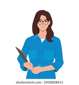 Young woman mechanic in blue workwear holding clipboard with document. Flat Vector Character Illustration Isolated on White Background