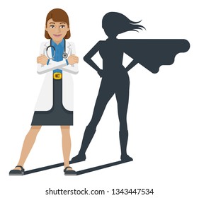 A young woman medical doctor revealed as super hero by his shadow silhouette