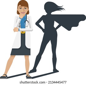 A young woman medical doctor revealed as super hero by his shadow silhouette