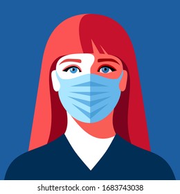 Young woman in medical face mask. Concept of coronavirus quarantine. Vector illustration