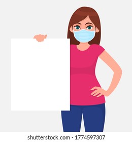 Young woman in medical face mask, showing blank poster. Girl holding empty banner or board. Female character design. Corona virus epidemic outbreak. Modern lifestyle. Cartoon illustration in vector.