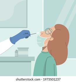 Young woman in medical face mask taking coronavirus test with nasal swab probe in hospital laboratory. Patient receiving a Covid-19 test. Flat vector illustration of coronavirus diagnostics.