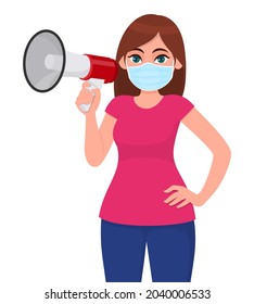 Young woman in medical face mask, showing megaphone. Girl holding loudspeaker or bullhorn. Female character design. Corona virus epidemic outbreak. Modern lifestyle. Cartoon illustration in vector.
