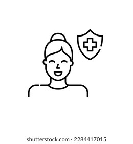 Young woman with medical health insurance coverage. Pixel perfect, editable stroke line icon