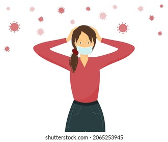 Young woman in medical mask holding her head stressed about corona virus pandemic, suffering from headache, healthcare concept, flat vector illustration