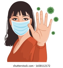 Young woman in medical mask makes stop gesture with hand, protecting against coronavirus 2019-nCoV. Conceptual vector image, eps10 