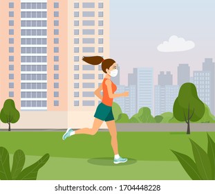 Young woman in a medical mask runs through the park. Vector flat style illustration.