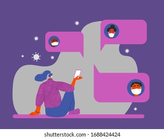 Young woman in medical mask sitting on the floor  with phone and talking with friends. Coronavirus protection. Social distancing and self-isolation during coronavirus quarantine. Vector illustration.