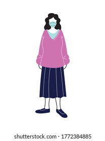 young woman with medical mask standing on white background vector illustration design