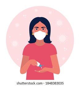 Young woman in medical mask used antibacterial gel. Gel bottle in hand. Coronavirus control concept. Vector illustration in a flat style