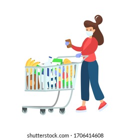 Young woman in medical masks and gloves with supermarket trolley full of food.
Safe shopping in supermarket. Quarantine coronavirus 2019-nCoV in the store epidemic precautions vector concept.