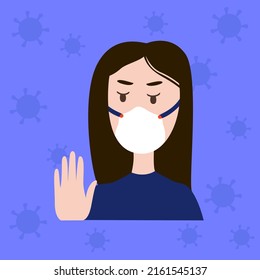 Young woman with medical protection mask. Background with corona virus molecules