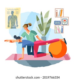 Young woman in medical rehabilitation and physical therapy centre. Girl in recovery doing exercises with ball on balance vector illustration. Female therapist helping in rehab healthcare.