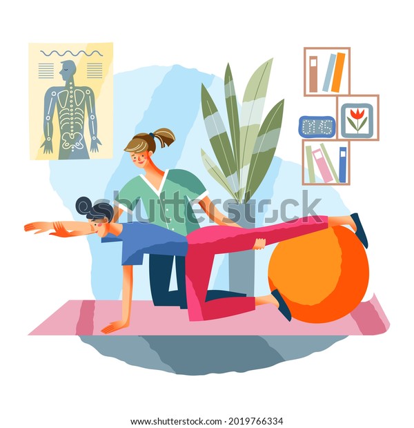 Young woman in medical rehabilitation and\
physical therapy centre. Girl in recovery doing exercises with ball\
on balance vector illustration. Female therapist helping in rehab\
healthcare.